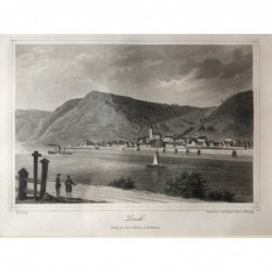 Lorch, Gesamtansicht v. gegenüberliegenden Rheinufer - Stahlstich, 1875