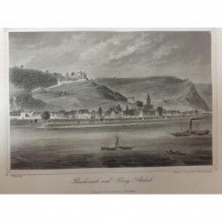 Burg Stahleck, Gesansicht v. d. gegenüberliegenden Rheinseite, Bacharach mit Burg Staleck - Stahlstich, 1875