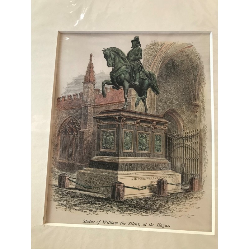 Den Haag: Ansicht Statue Wilhelm des Stillen - Holzstich, 1878