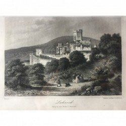 Burg Lahneck, Gesamtansicht - Stahlstich, 1875
