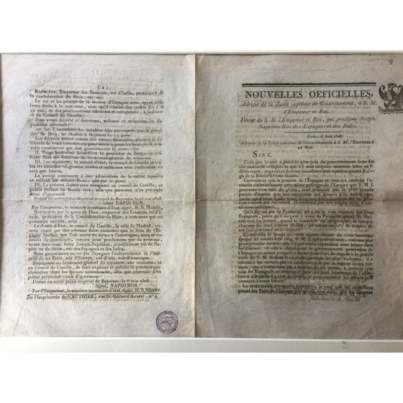 Nouvelles Officielles Proklamation vom 18.06.1808, Ernennung Josephs zum König von Spanien - 1808