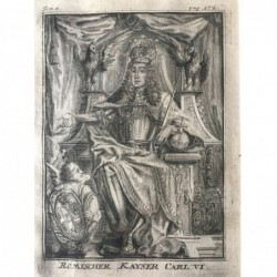 Karl VI., Ganzfigur als Kaiser auf dem Thron - Kupferstich, 1720