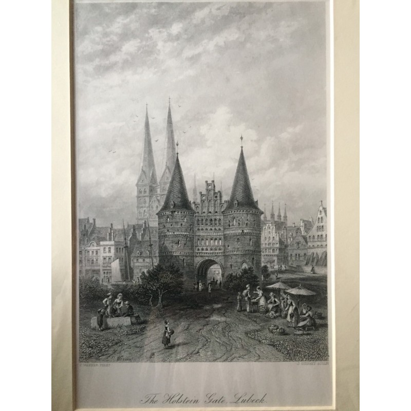 Lübeck: Ansicht Holstentor - Stahlstich, 1878