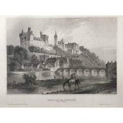 Pau: Ansicht Schloß und Brücke - Stahlstich, 1860