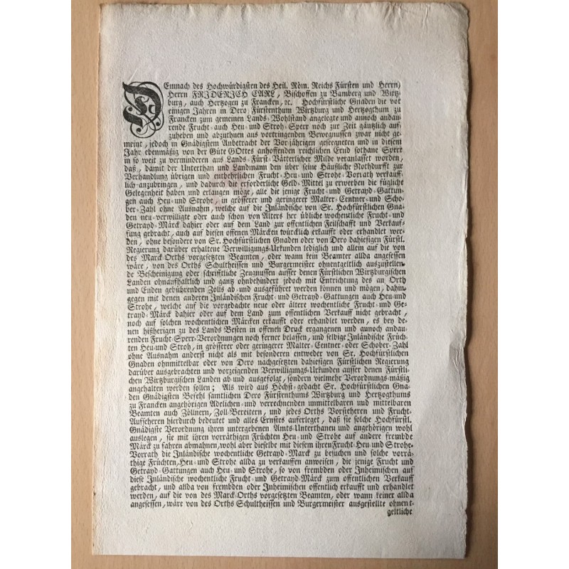 Betr. Aufhebung der Ausfuhrsperre von Feldfrüchten - Buchdruck, 1746