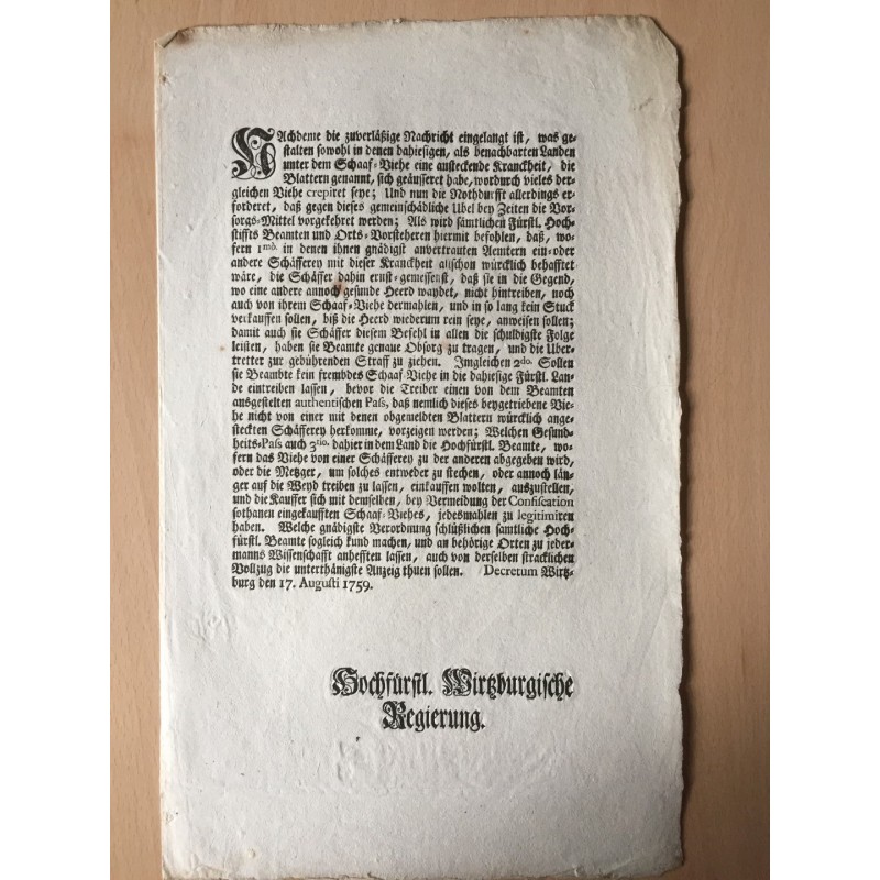 Betr. 'Kranckheit des Schaaf-Viehes' - Buchdruck, 1759