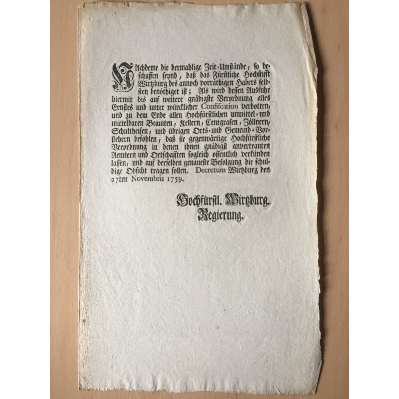 Betr. das Verbot der Ausfuhr von Hafer - Buchdruck, 1759