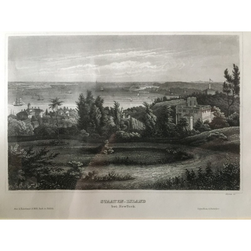 New York, Gesamtansicht: Staaten- Island bei New York - Stahlstich, 1850