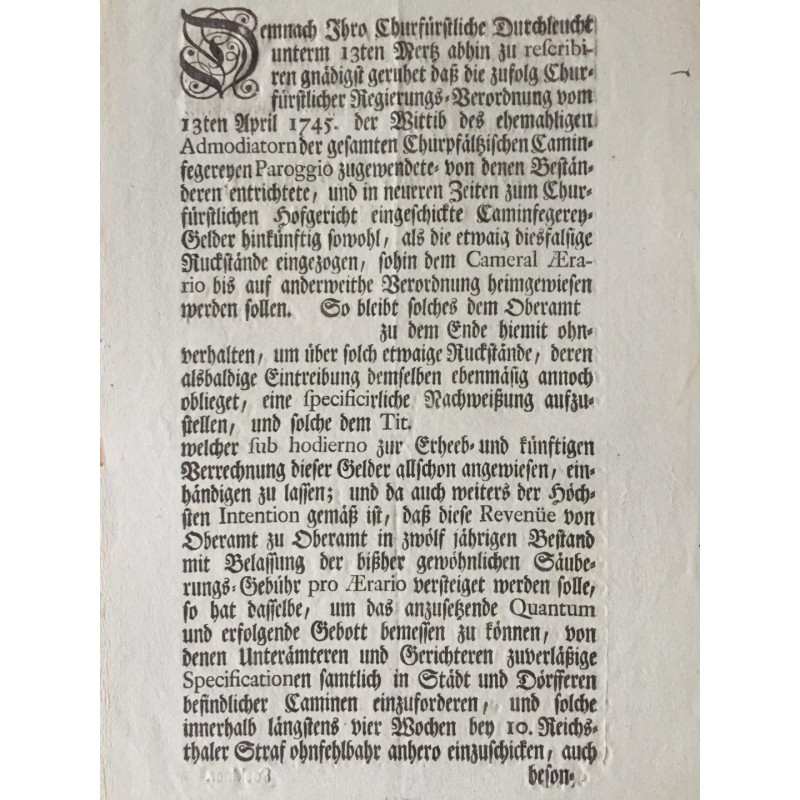 Betr. 'Kaminfegerey-Gelder' - Buchdruck, 1771