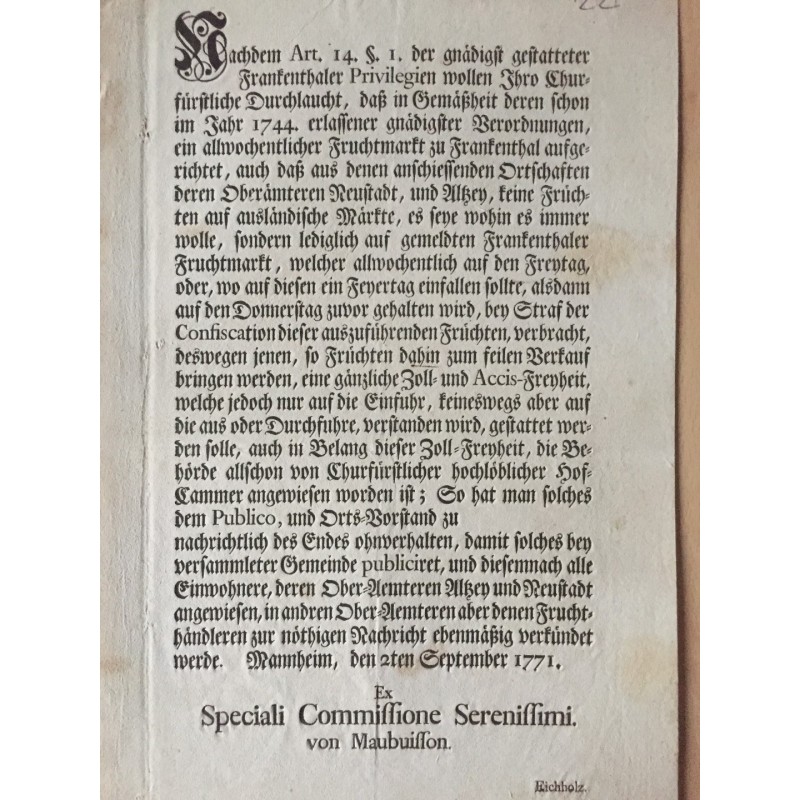Betr. den Fruchtmarkt zu Franckenthal - Buchdruck, 1771