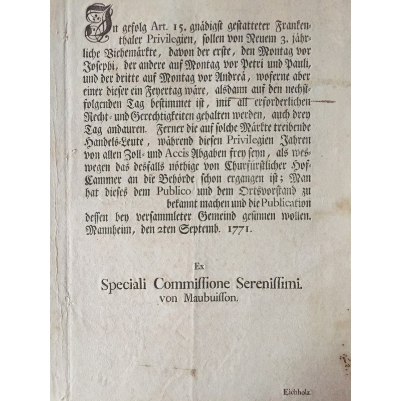 Betr. Franckenthaler Privilegien - Buchdruck, 1771