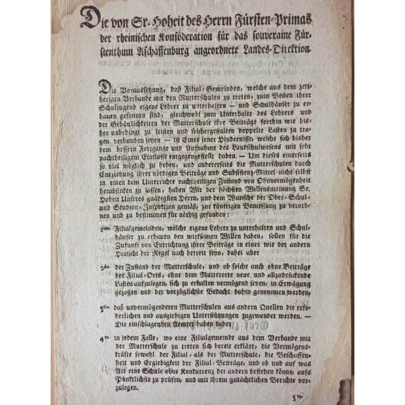 Dekret betr. der gesicherten Finanzierung von 'Mutterschulen' und Filialschulen - Buchdruck, 1808