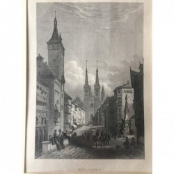 Würzburg, Ansicht: Die Domstraße in Würzburg - Stahlstich, 1845