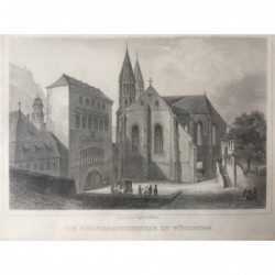 Würzburg, Ansicht: Die Burkhardtskirche zu Würzburg - Stahlstich, 1850