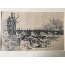 Würzburg, Ansicht: Die alte Mainbrücke in Würzburg - Holzstich, 1880