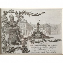 Würzburg, Ansicht/ Portrait: Gedenkblatt zu 70. Geburtstage des Prinzregenten von Bayern - Lithographie, 1891
