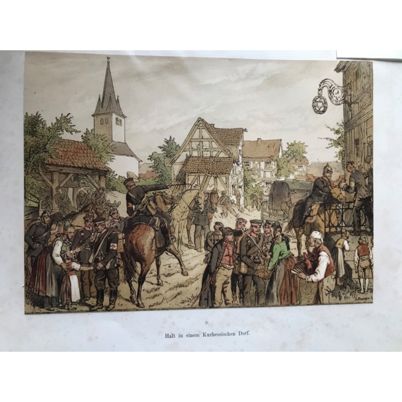 Hessen, Ansicht: Halt in einem Kurhessischen Dorf - Lithographie, 1870