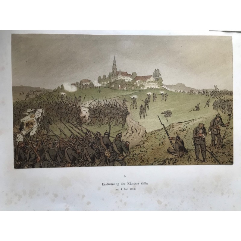 Kloster Zella/ Thür., Erstürmung des Klosters Zella am 4.7.1866. - Lithographie, 1870