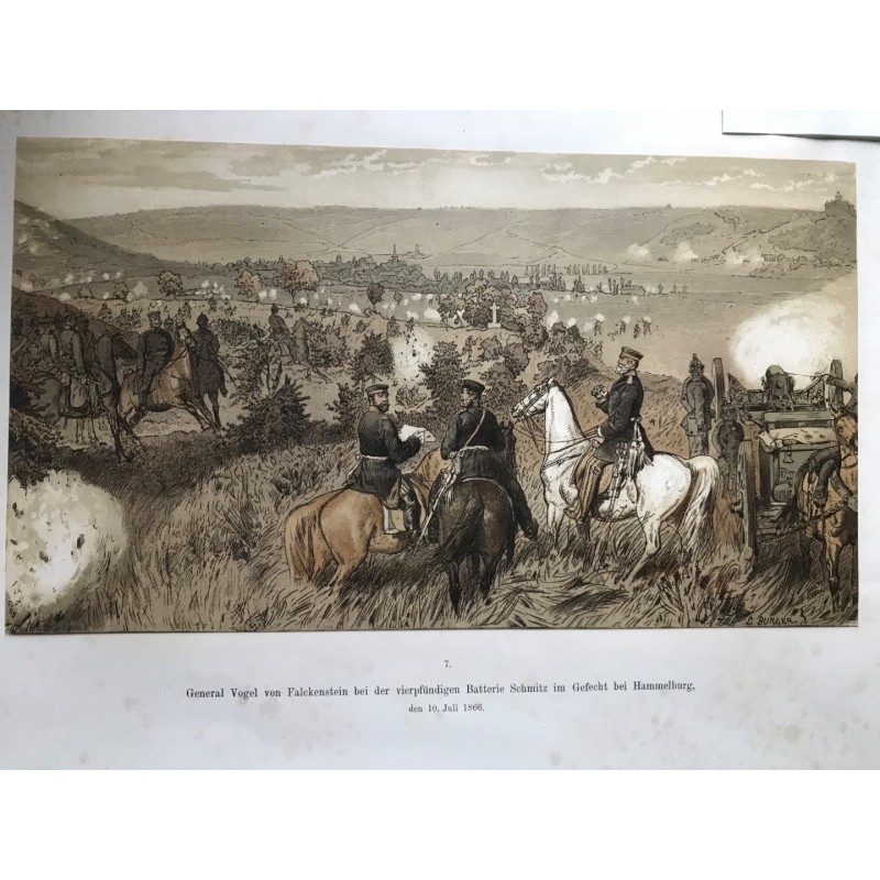 Hammelburg, General Vogel v. Falckensteinim Gefecht bei Hammelburg am 10.7.1866 - Lithographie, 1870