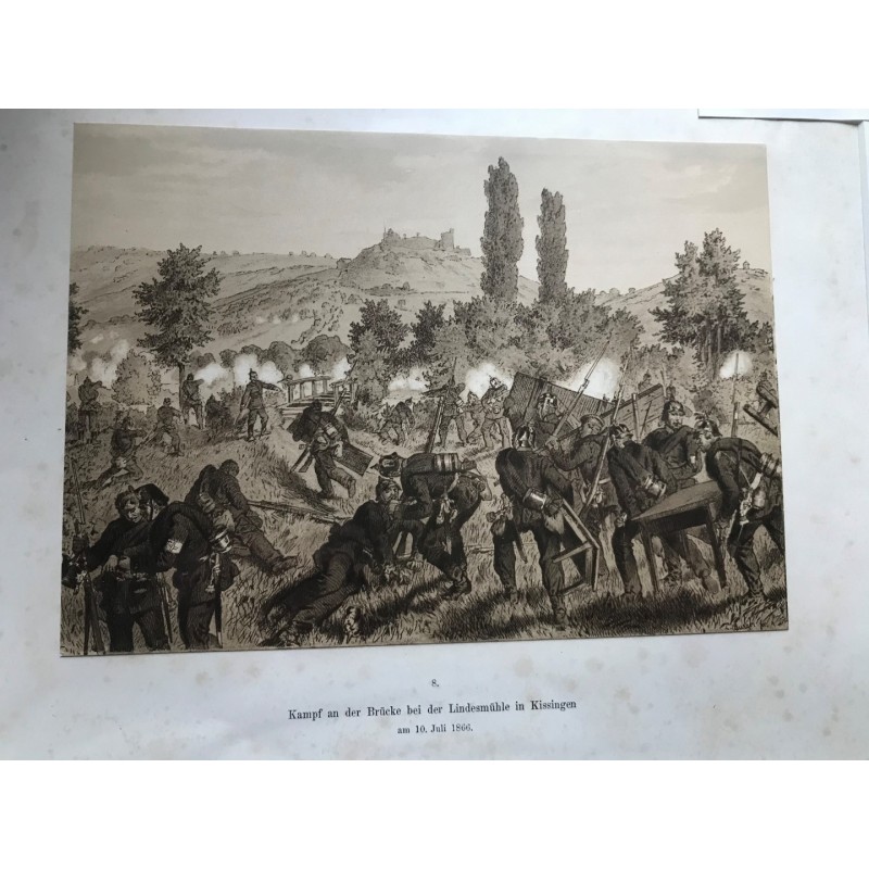 Bad Kissingen- Lindesmühle, Kampf an der Brücke bei der Lindesmühle in Kissingen am 10.7.1866 - Lithographie, 1870