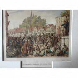 Aschaffenburg, Auf dem Markte in Aschaffenburg, Ruhe nach dem Gefecht am 14.7.1866 - Lithographie, 1870