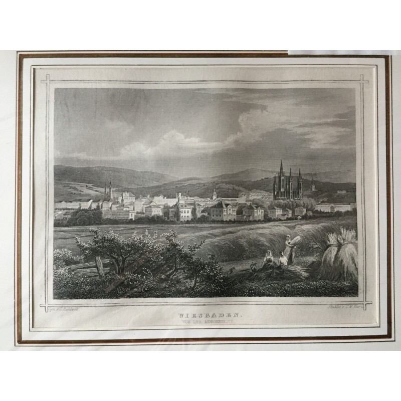Wiesbaden von der Morgenseite, Ansicht - Stahlstich, 1850