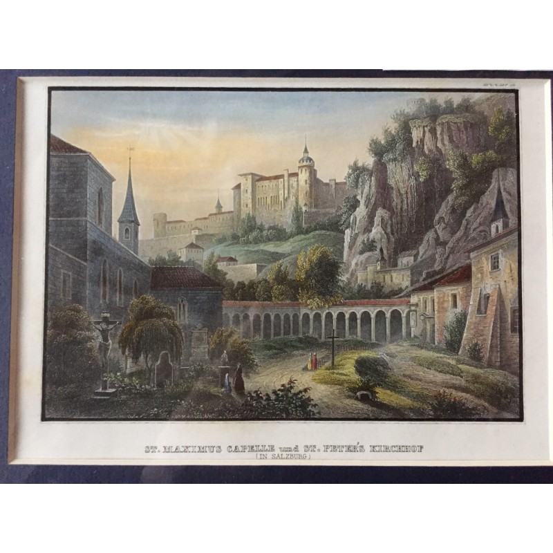 Salzburg, Ansicht: St. Maximus Capelle und St. Peter's Kirchhof - Stahlstich, 1850